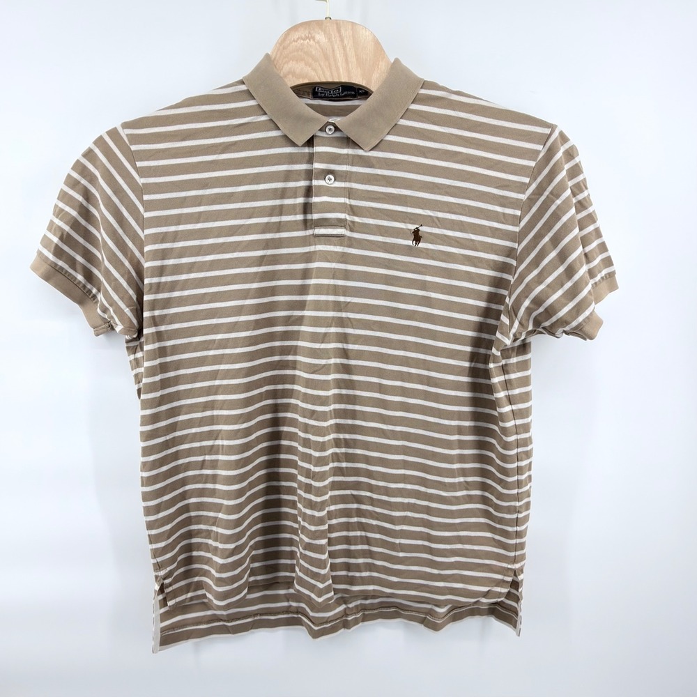 Polo Ralph Lauren Shirt Mens XL Tan Beige White Striped Short Sleeve Polo Cotton